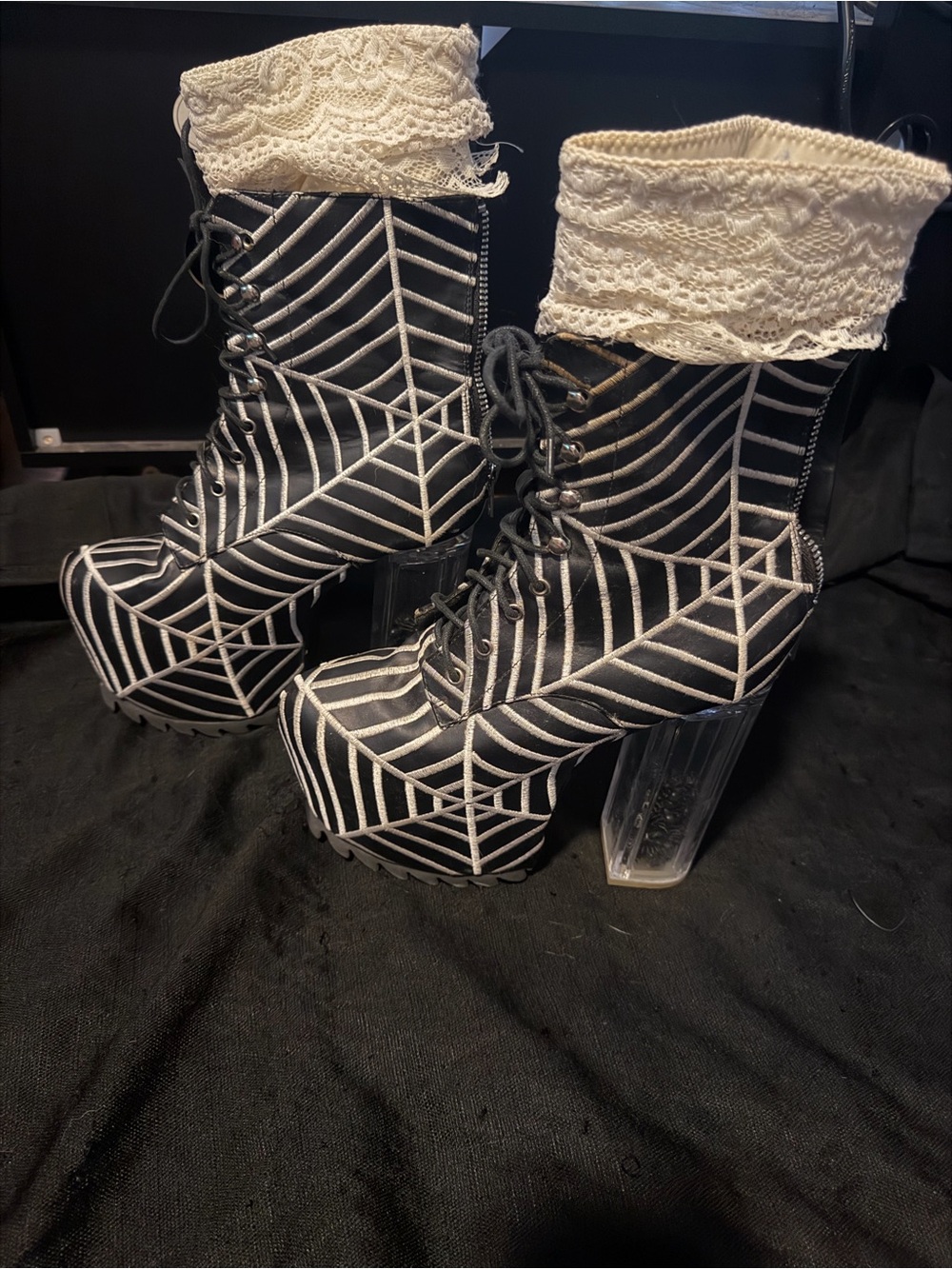 Black & White Spiderweb Lace-Trim Platform Boots